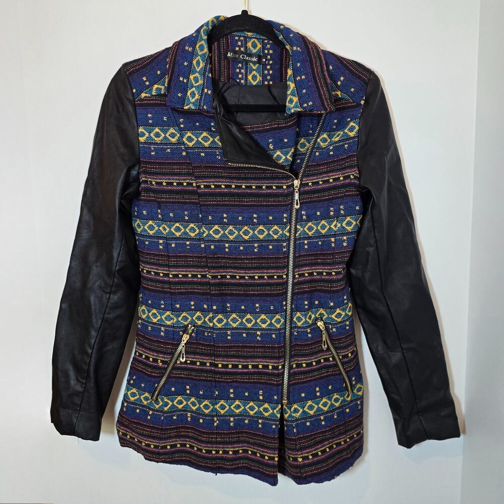 Women's Aztec Moto Jacket Size Medium Zip Up Faux Leather Tapestry Bomber Black